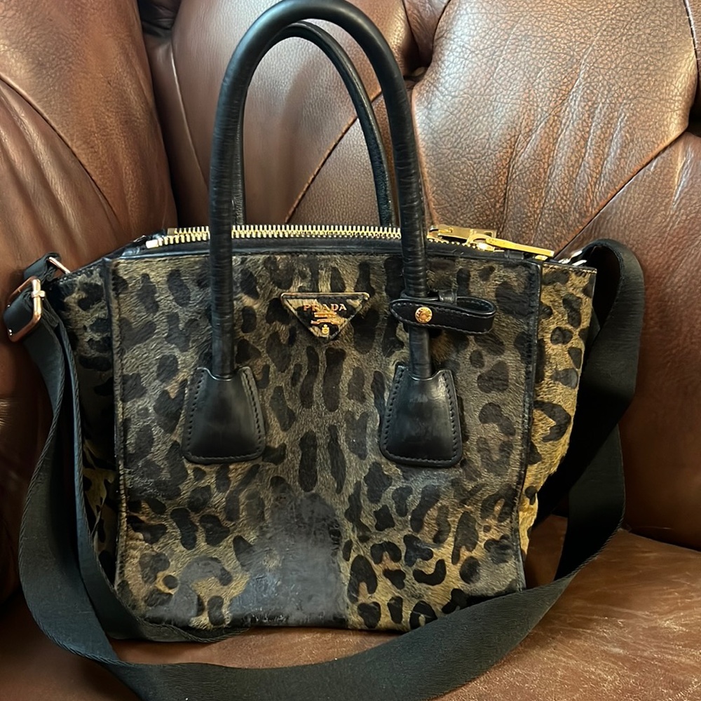 PRADA Leopard Print Twin Pocket Pony Hair Tote Bag